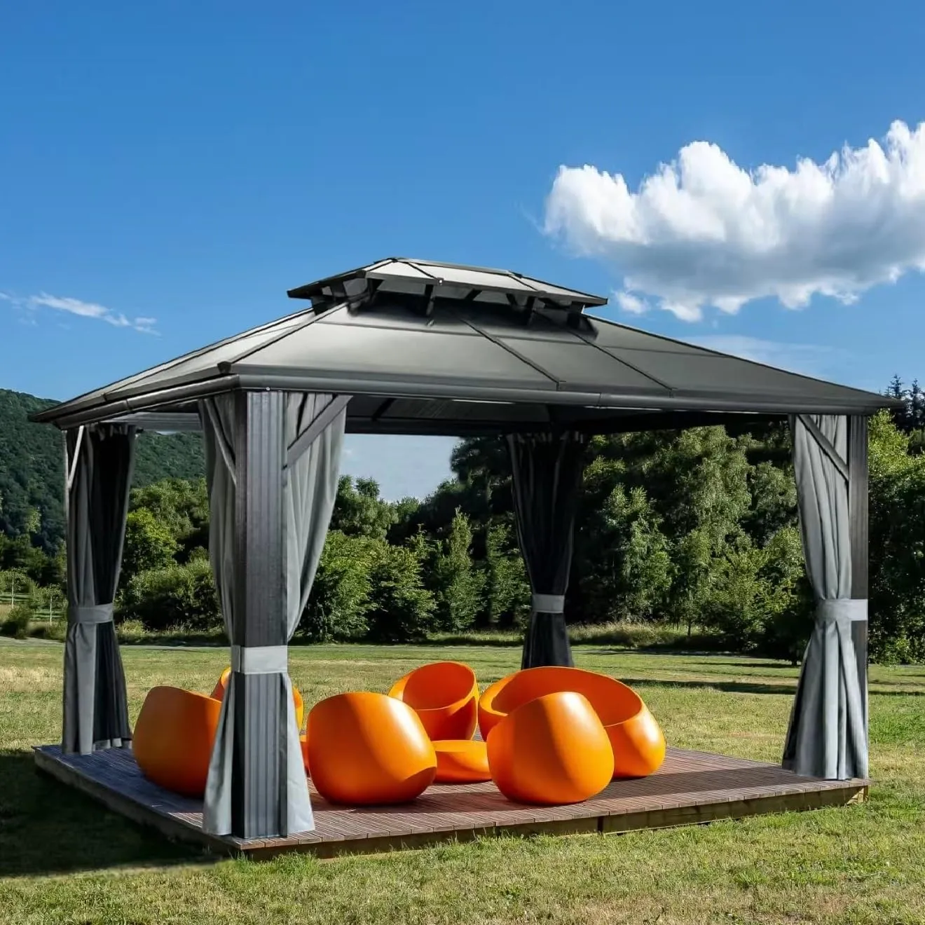 10'x13'Hard top Gazebo Patio Pavilion Double Room PC Roof Canopy Outdoor Aluminum Frame Permanent Metal Pavilion with Net and Curtain, Suitable for Backyard, Garden, Lawn (Grey)