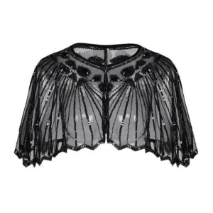 1920s Shawl Beaded Sequin Flapper Cape - Black - Hire