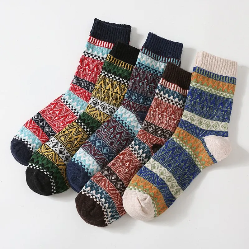 5 Pairs Men's Retro Ethnic Style Woolen Socks