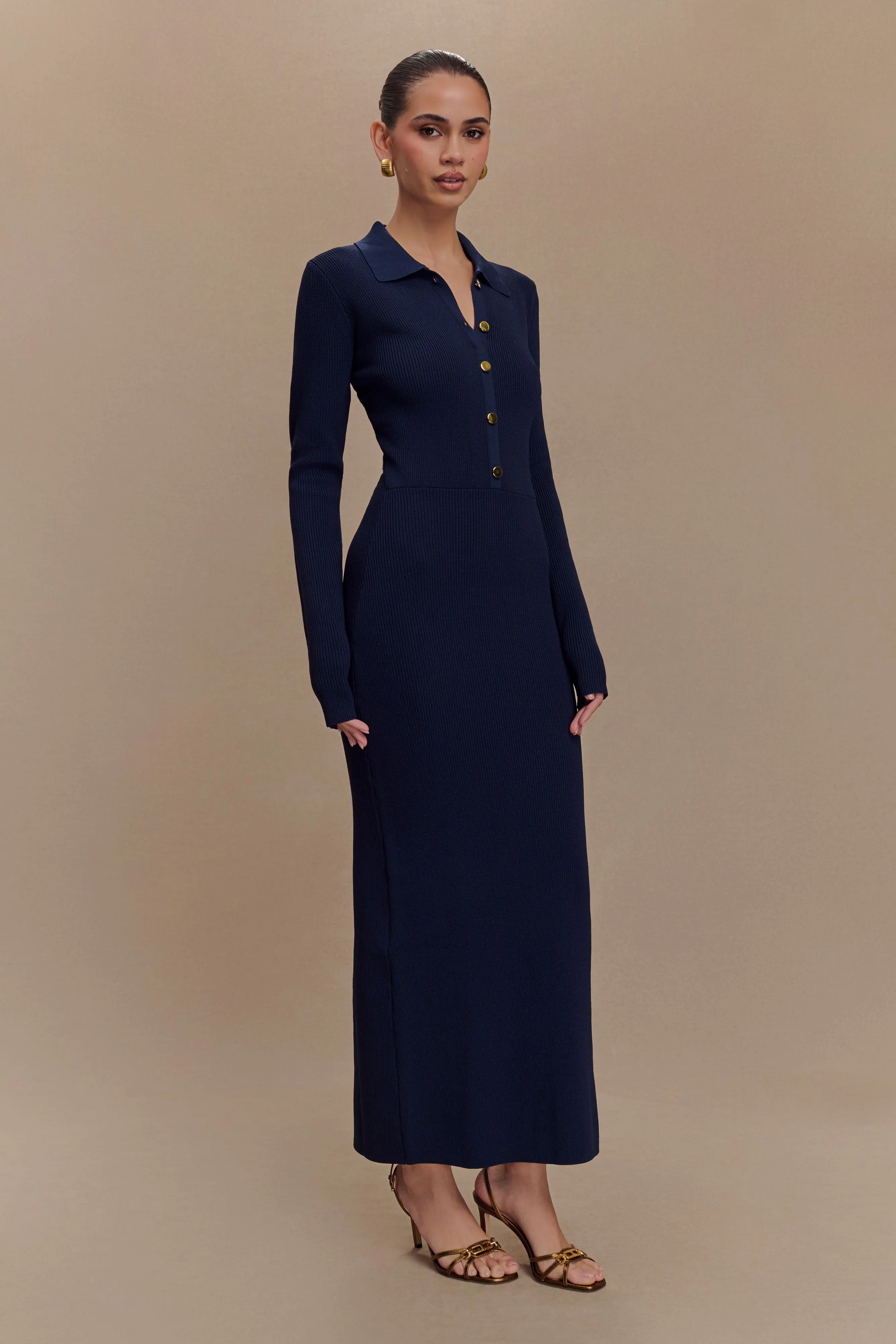 Abbey Buttoned Knit Midi Dress - Navy