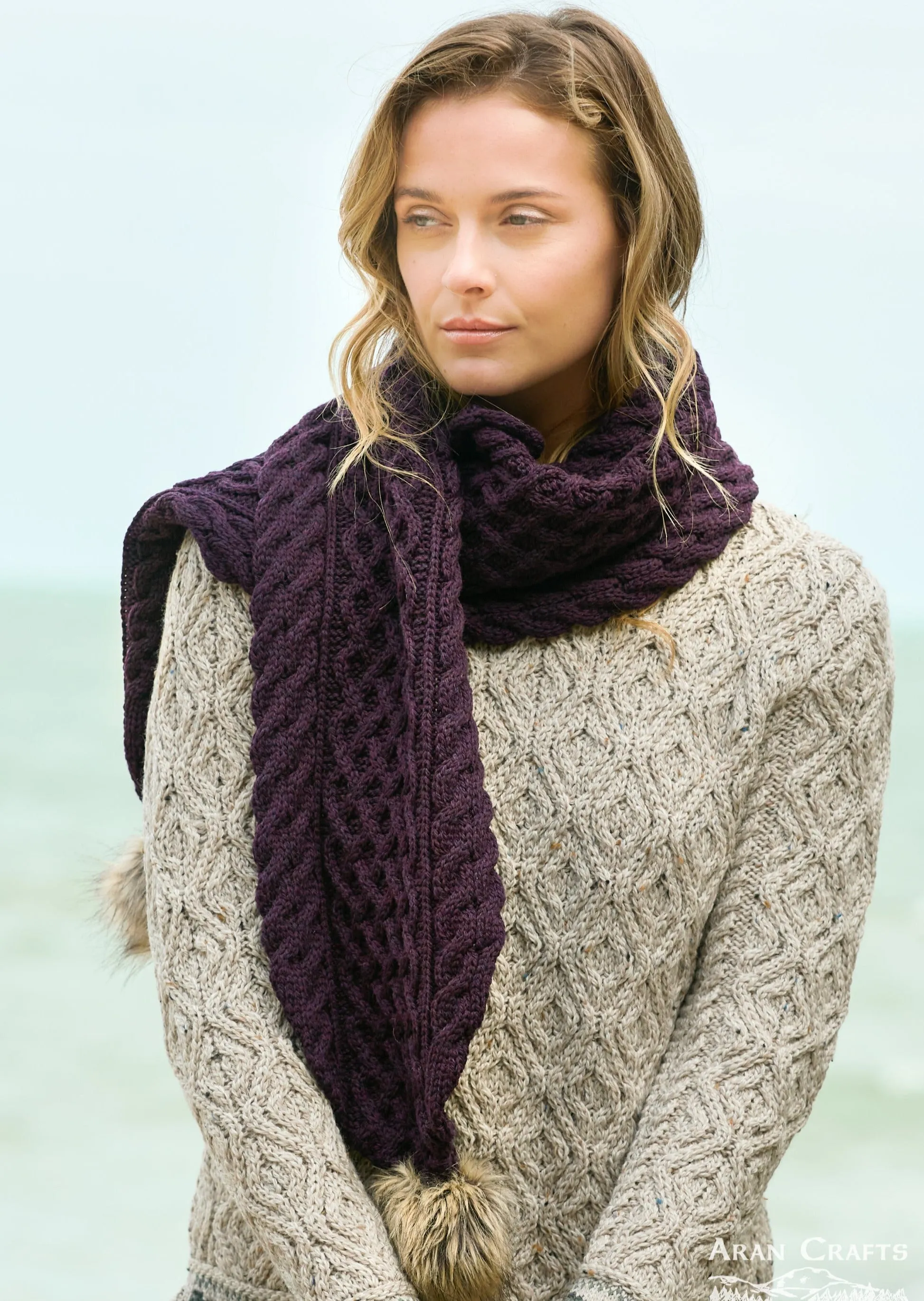 Aran Crafts Pom Pom Scarf | Plum