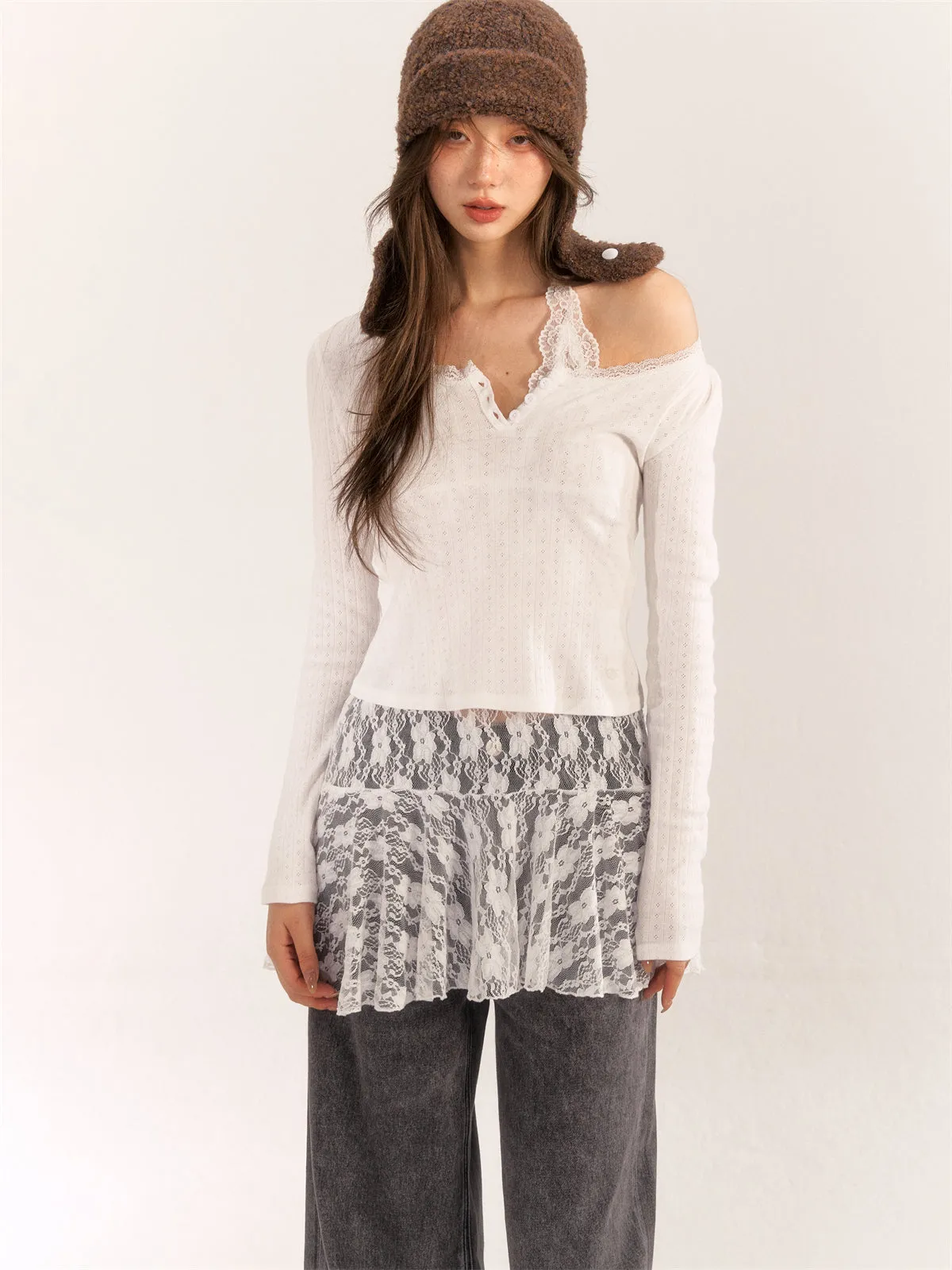 AsGony Lace halterneck layered base layer top