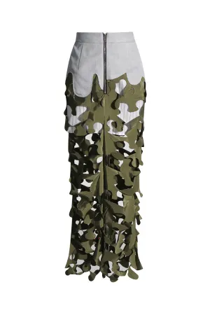 Asymmetric High Waist Exposed Zipper Laser Cut Out Hybrid Maxi Skirt