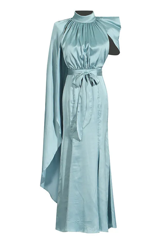 Asymmetrical Cape Sleeve Ruched Mock Neck Satin Fishtail Evening Maxi Dress