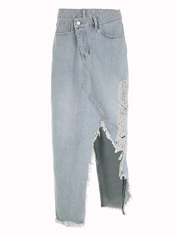 Back Slit Fringed Denim Long Skirt