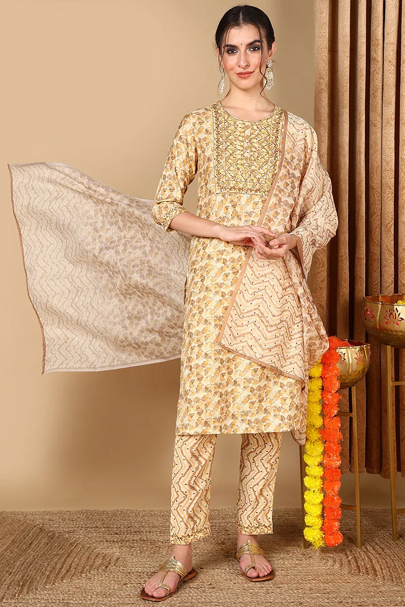 Beige Pure Cotton Geometric Printed Suit Set