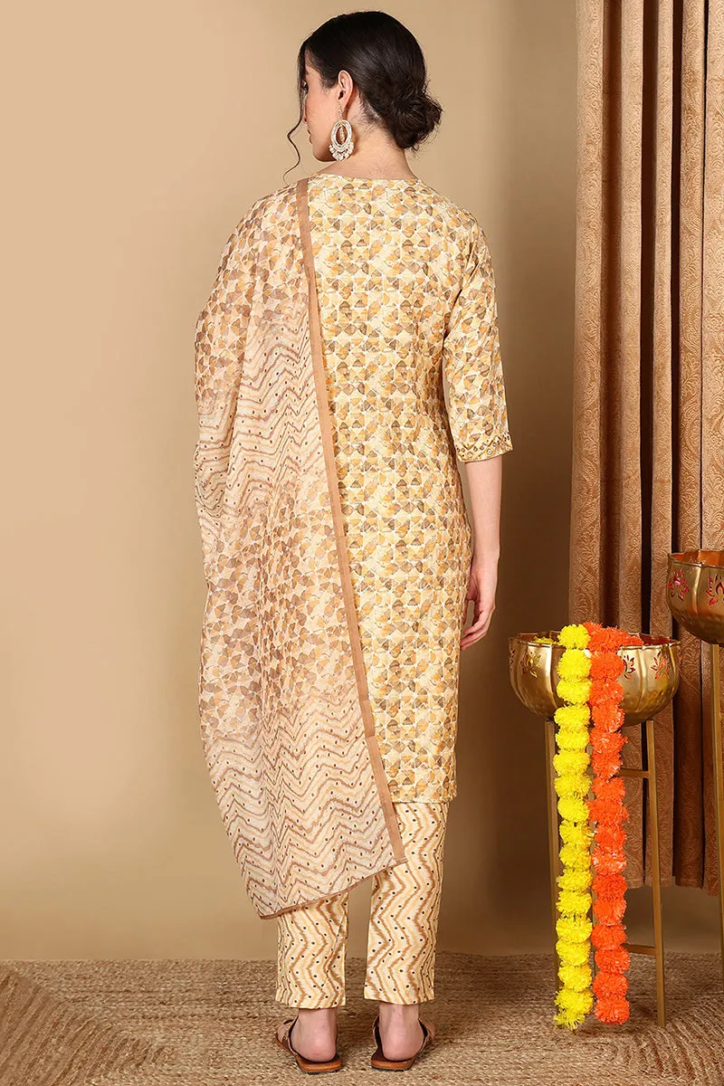 Beige Pure Cotton Geometric Printed Suit Set