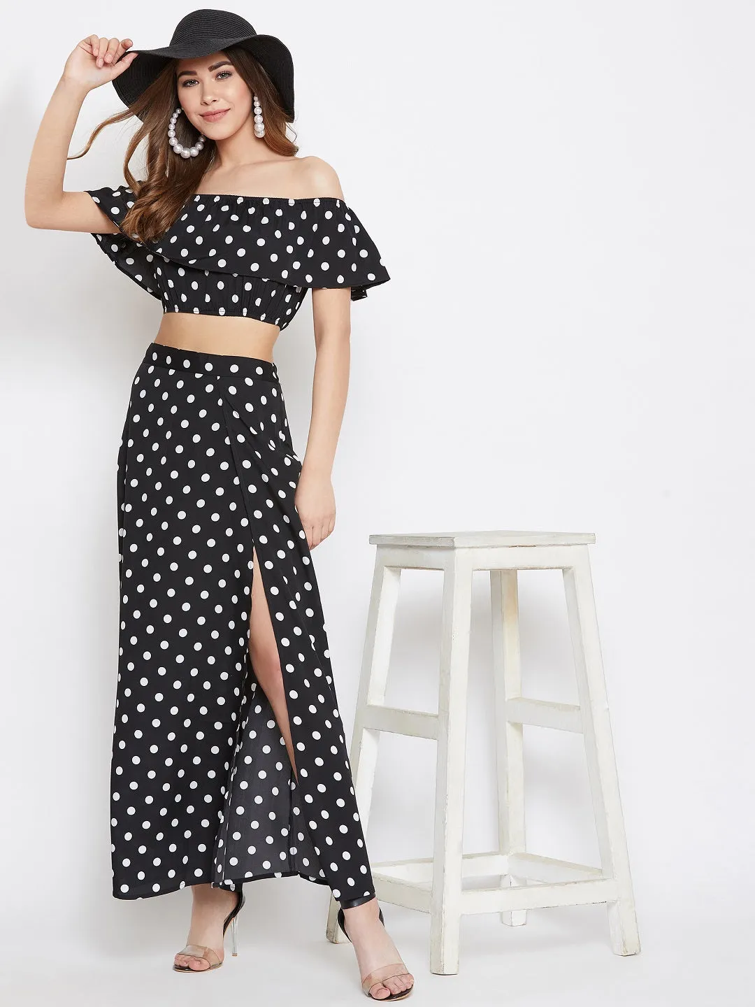 Berrylush Women Black & White Polka Dot Printed Off-Shoulder Co-Ordinate Maxi Dress