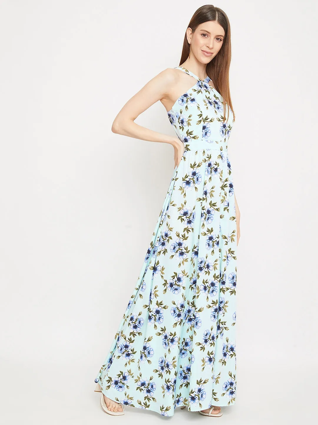 Berrylush Women Green Floral Print Halter Neck Flared Maxi Dress