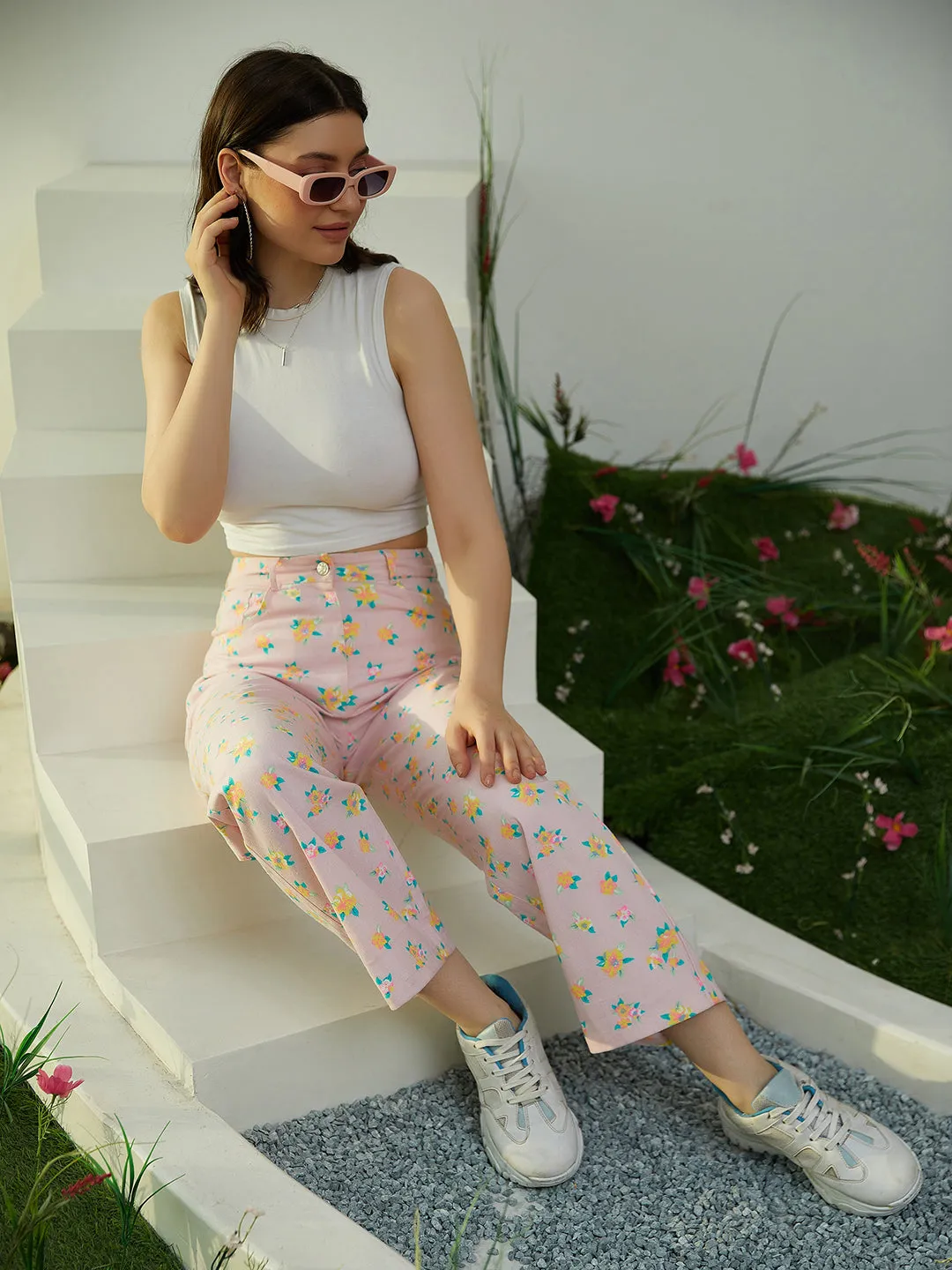 Berrylush Women Pink & Yellow Floral Printed High-Waist Waist Wide Leg Four-Pocket Cotton Regular Pants