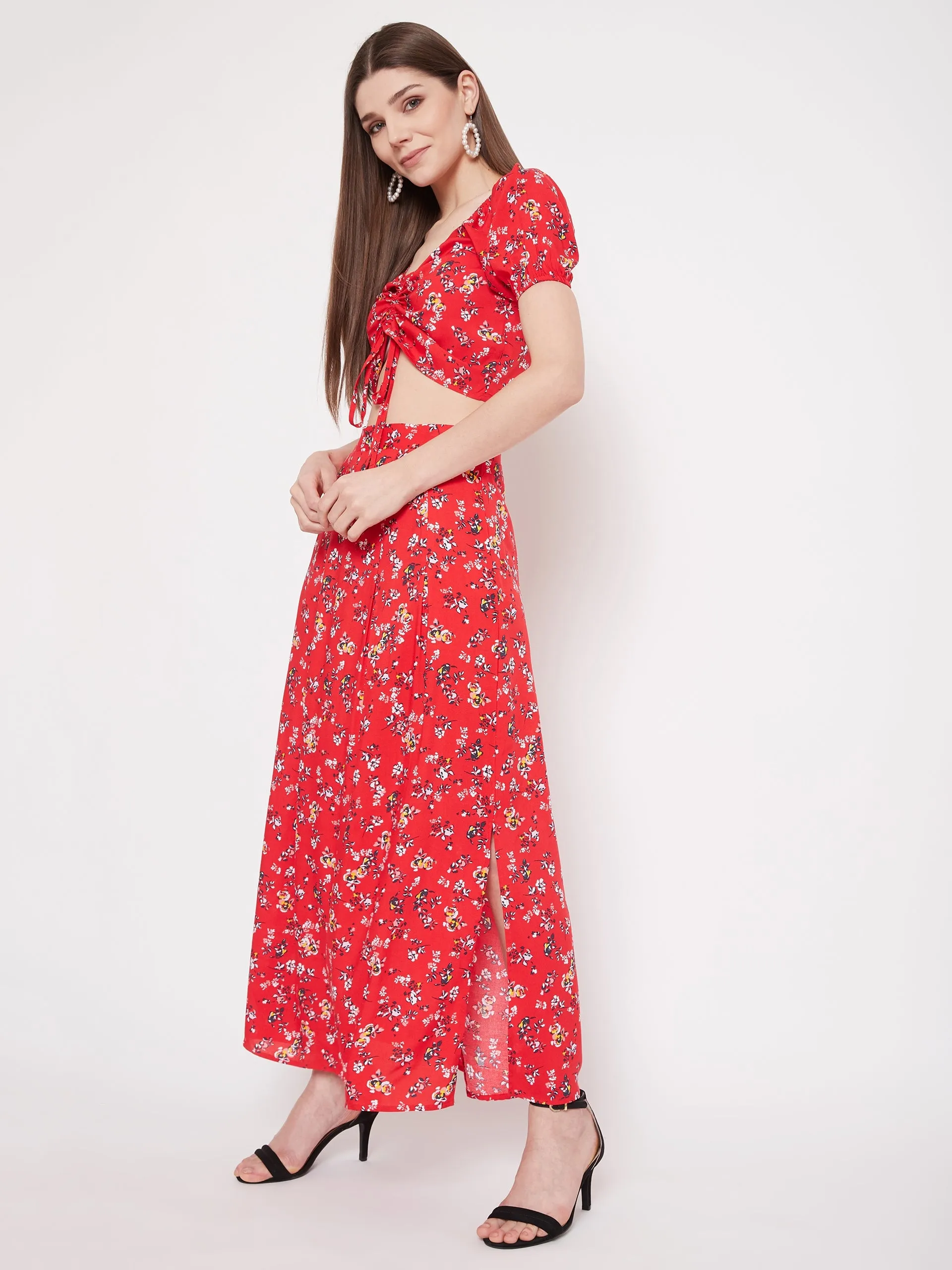 Berrylush Women Red Floral Printed Two-Piece Maxi Dress