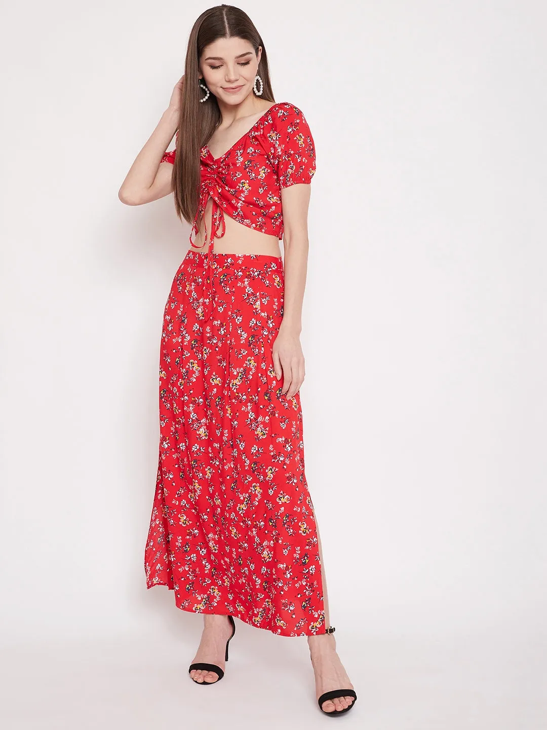 Berrylush Women Red Floral Printed Two-Piece Maxi Dress