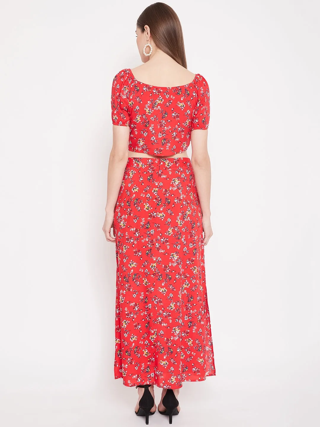 Berrylush Women Red Floral Printed Two-Piece Maxi Dress