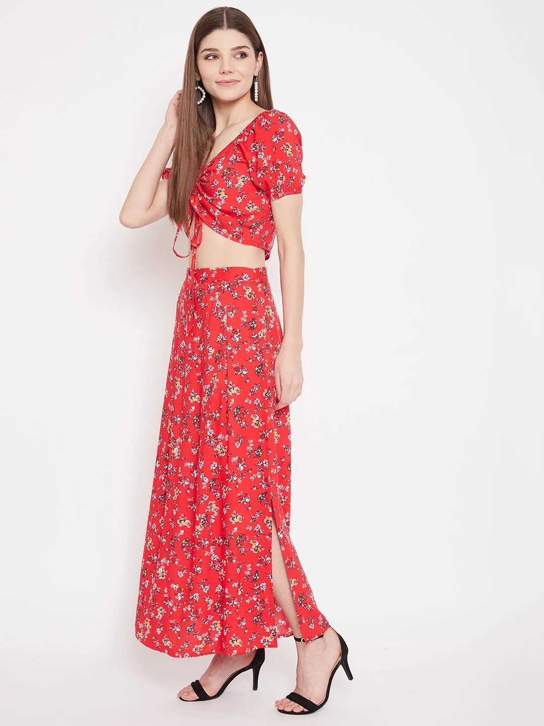 Berrylush Women Red Floral Printed Two-Piece Maxi Dress