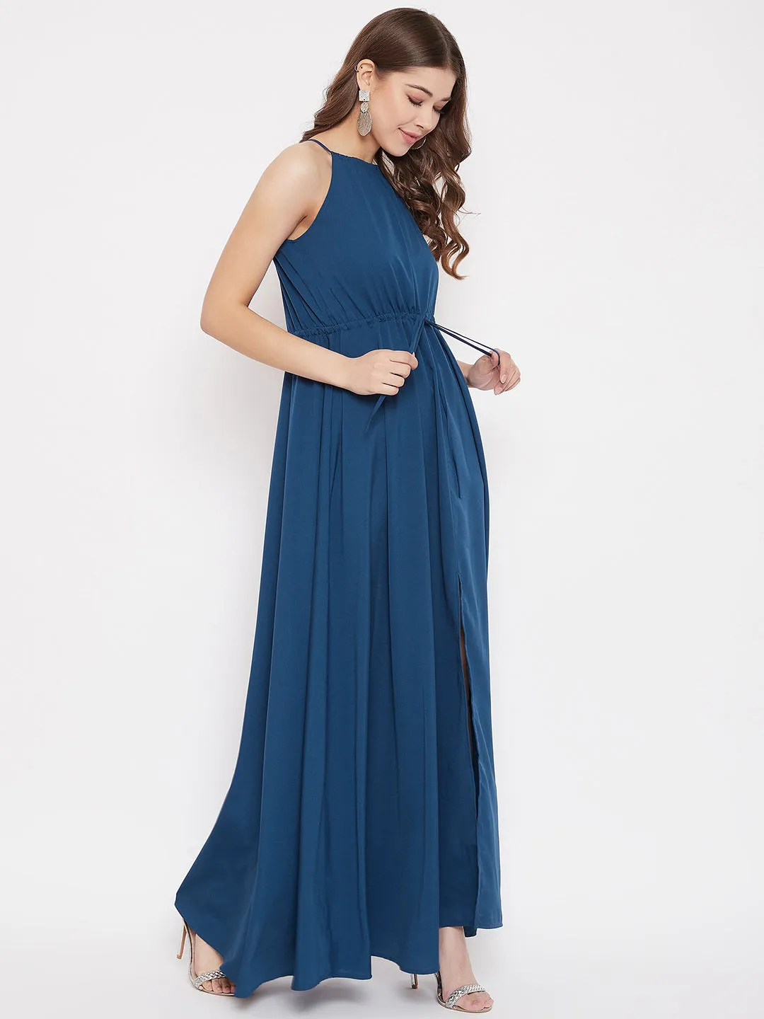 Berrylush Women Solid Blue Halter Neck Tie-Up Maxi Dress