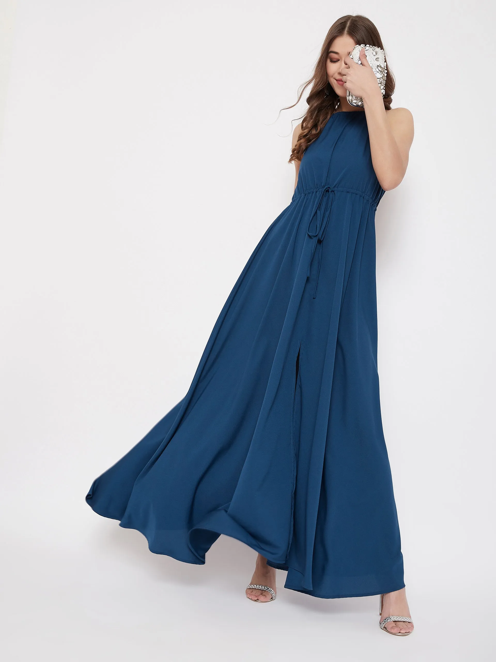 Berrylush Women Solid Blue Halter Neck Tie-Up Maxi Dress