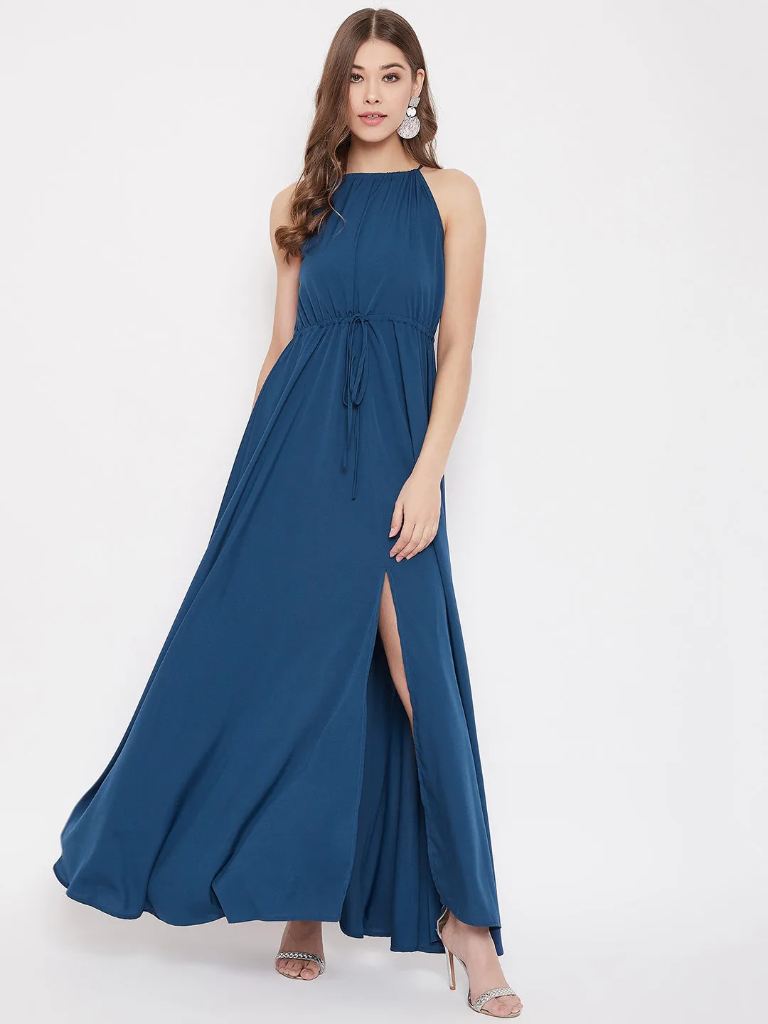 Berrylush Women Solid Blue Halter Neck Tie-Up Maxi Dress