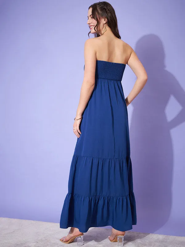 Berrylush Women Solid Blue Strapless Neck Sleeveless Smocked A-Line Maxi Dress