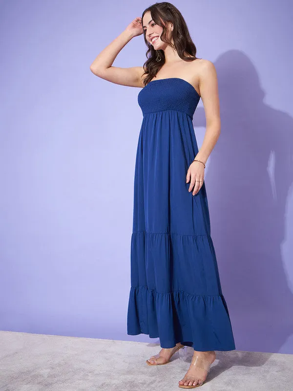 Berrylush Women Solid Blue Strapless Neck Sleeveless Smocked A-Line Maxi Dress