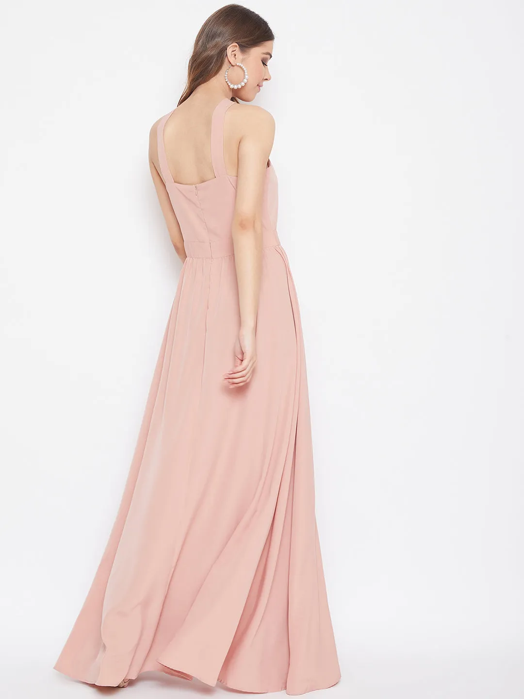 Berrylush Women Solid Pink Blush Halter Neck Flared Maxi Dress