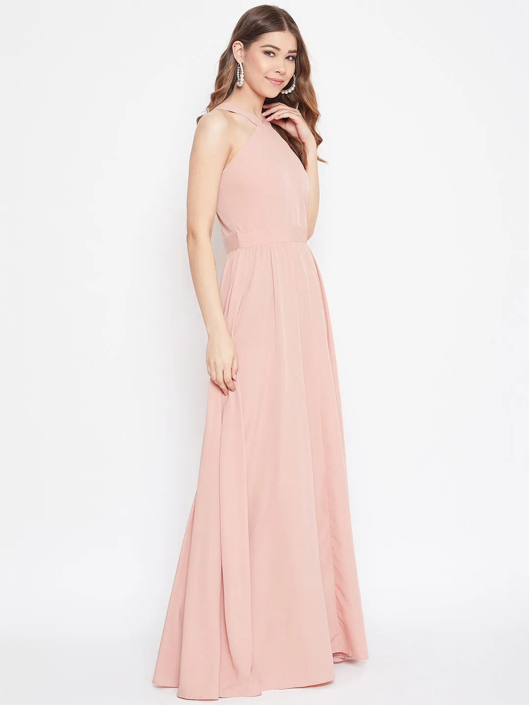 Berrylush Women Solid Pink Blush Halter Neck Flared Maxi Dress