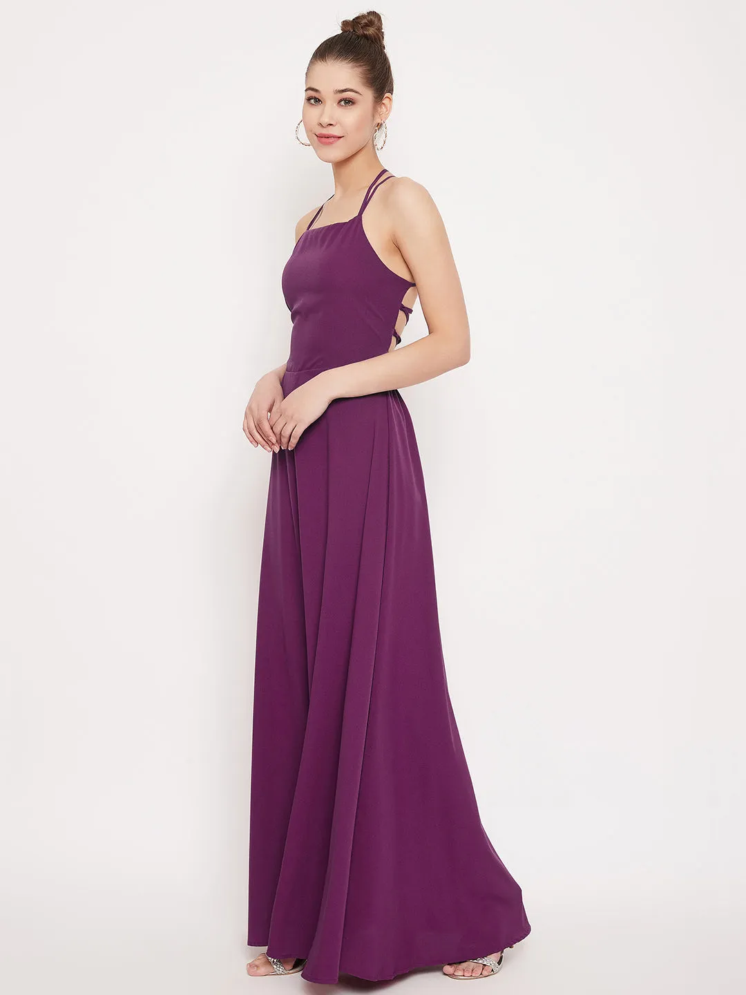 Berrylush Women Solid Purple Caged Back Halter Neck Maxi Dress