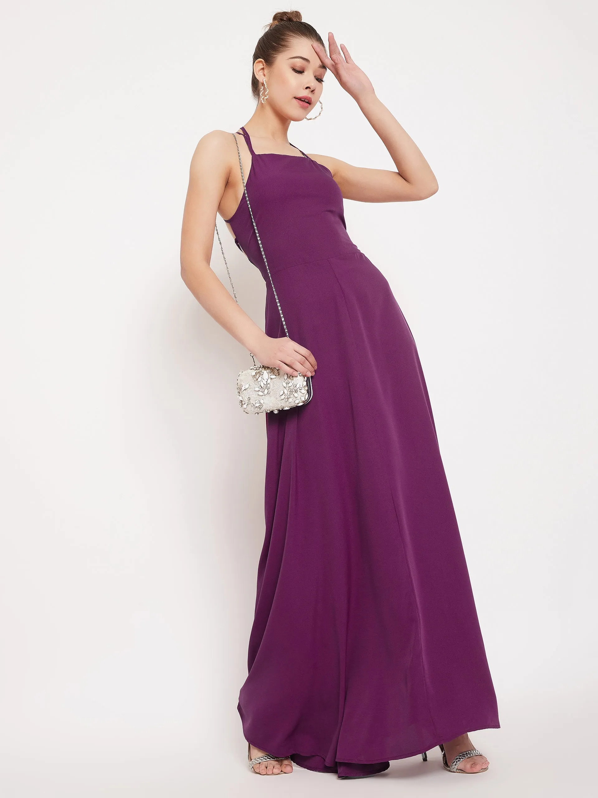 Berrylush Women Solid Purple Caged Back Halter Neck Maxi Dress