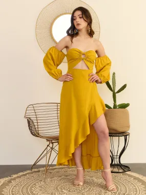 Berrylush Women Solid Yellow Off-Shoulder Neck Puff Sleeves Cut-Out Asymmetrical Hem A-Line Midi Dress