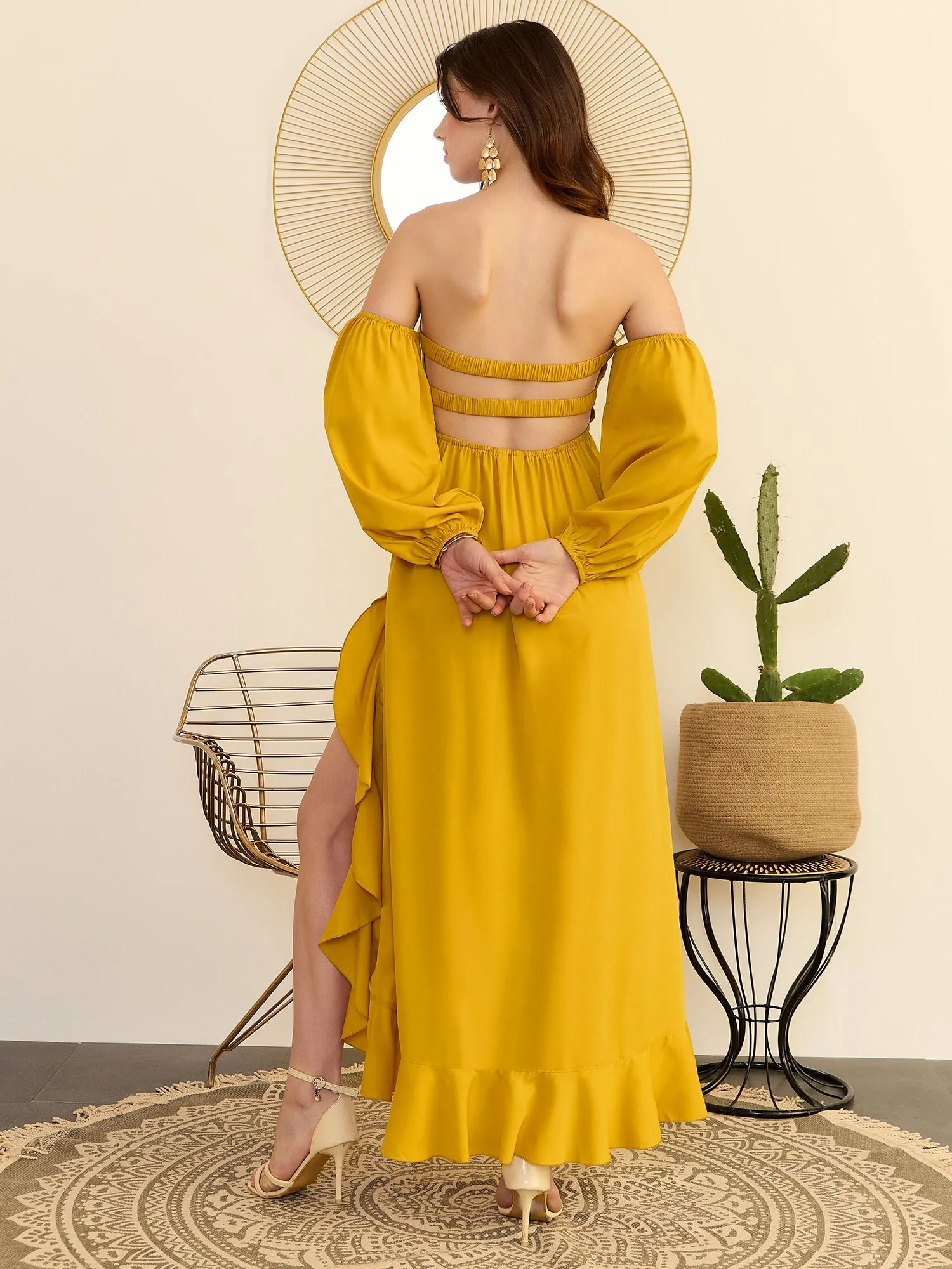 Berrylush Women Solid Yellow Off-Shoulder Neck Puff Sleeves Cut-Out Asymmetrical Hem A-Line Midi Dress