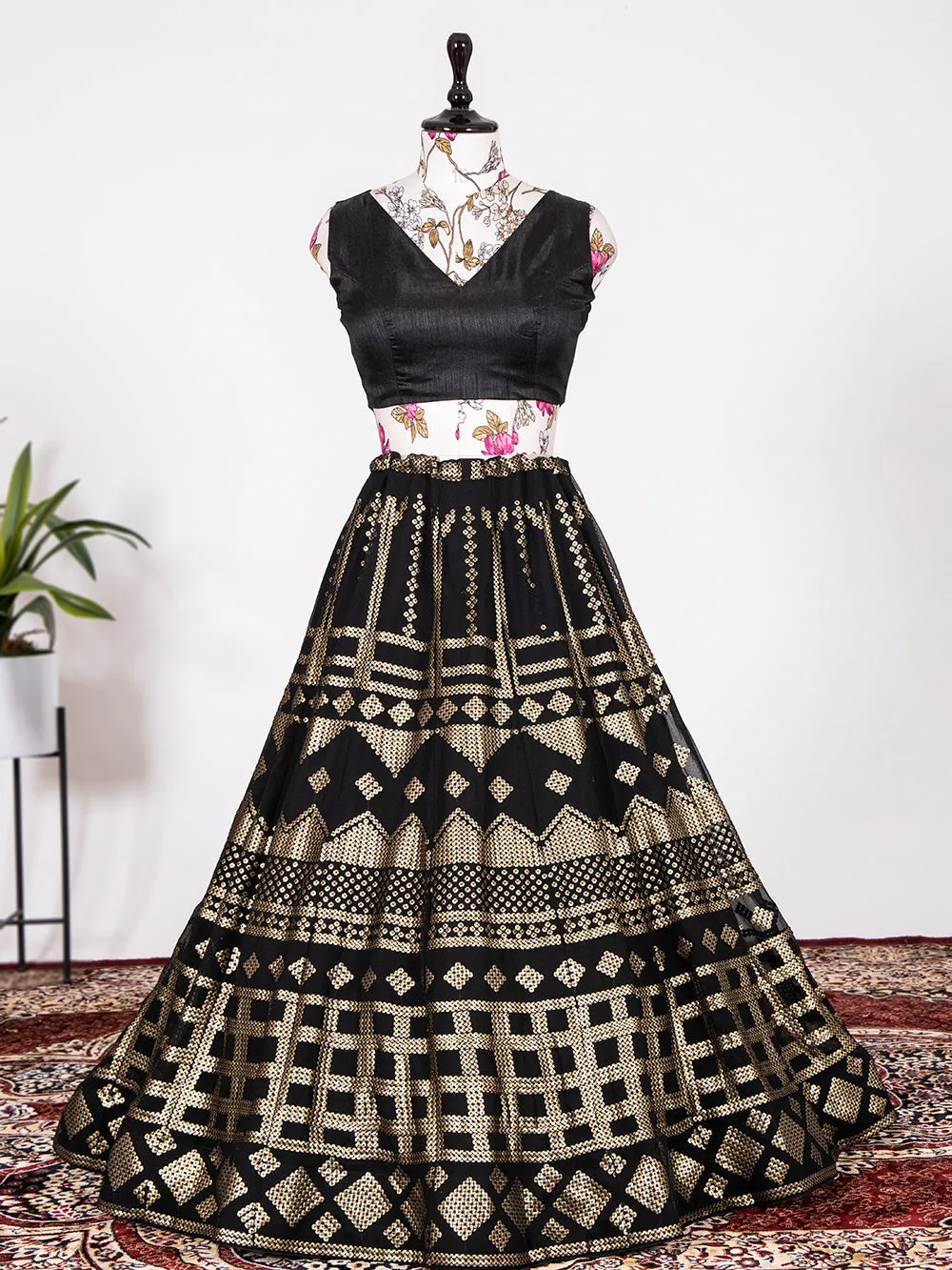 Black Color Sequins Embroidery Georgette Lehenga