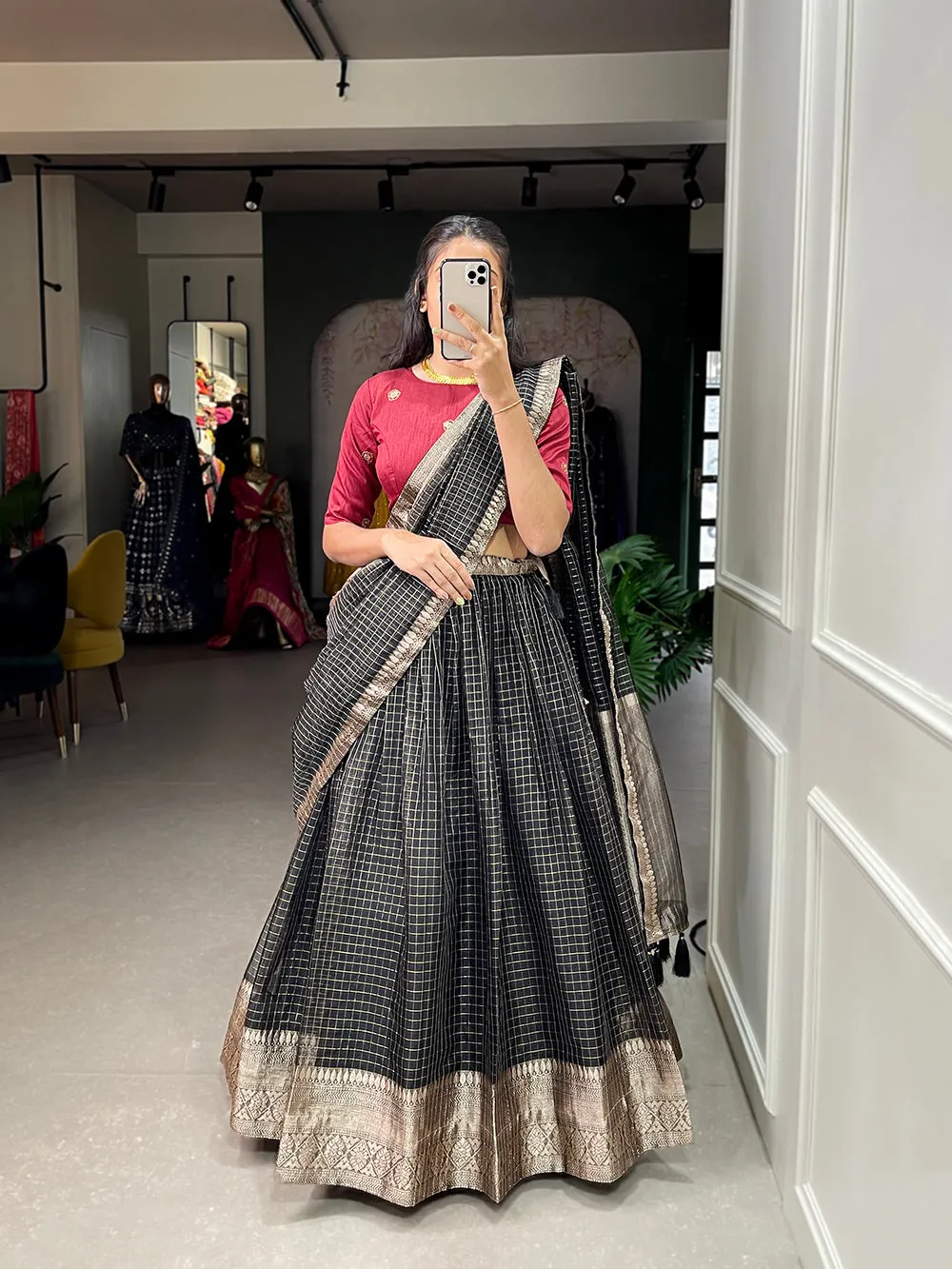 Black Color Zari Weaving Work Organza Lehenga Choli