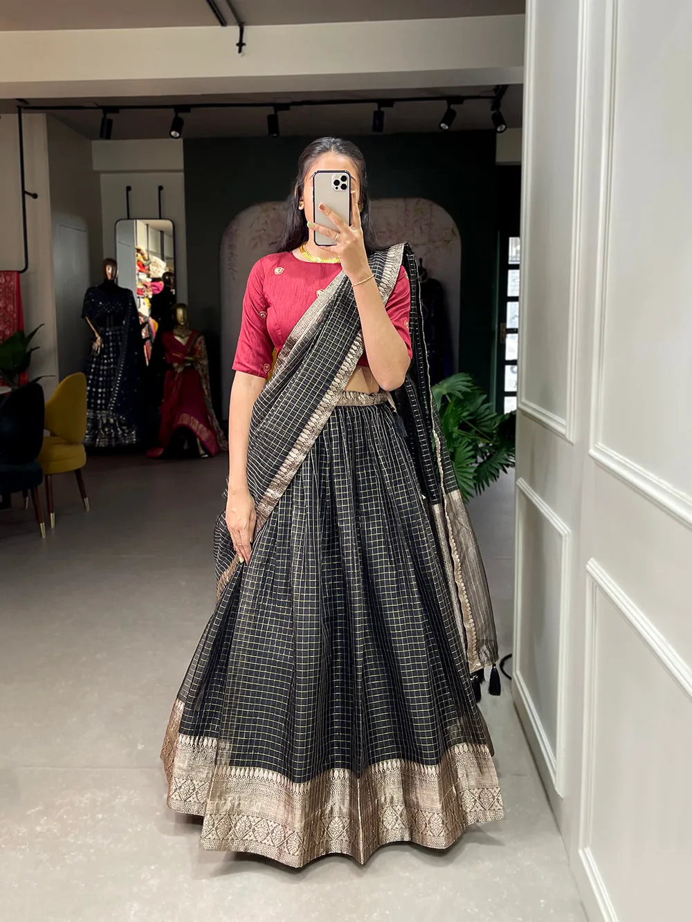 Black Color Zari Weaving Work Organza Lehenga Choli