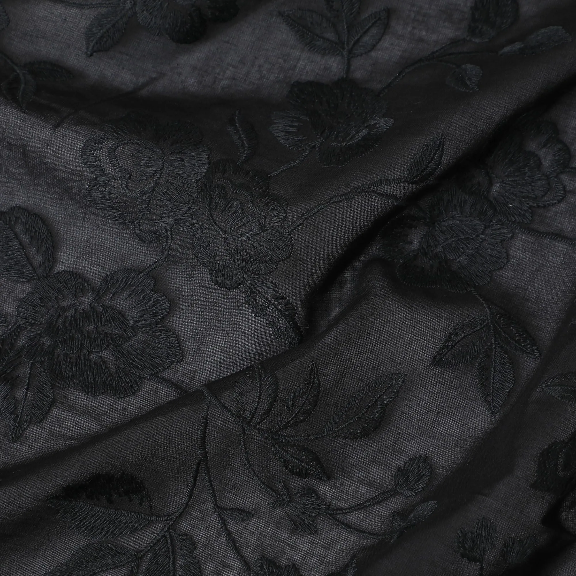 Black Cotton Voile Fabric: Luxurious Embroidery from India-D17577