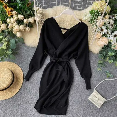 Black Knitted Wrap Dress