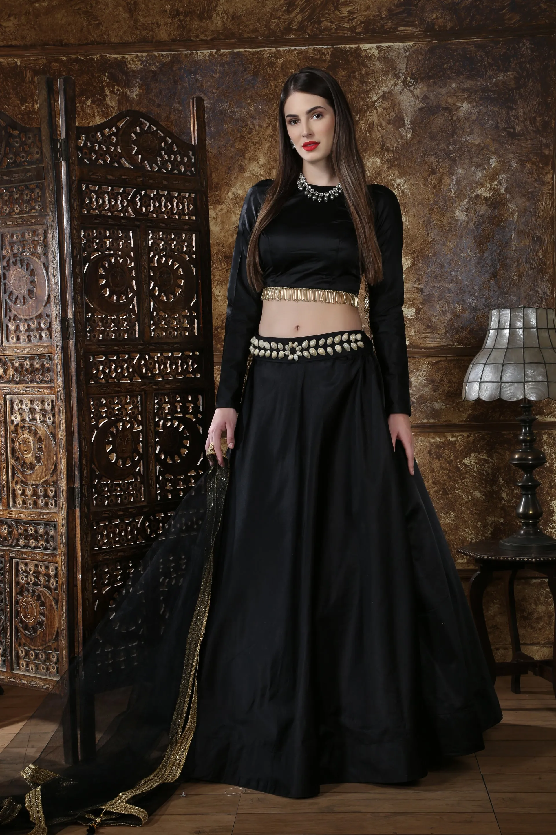 Black Satin Silk Partywear Lehenga Choli With Dupatta