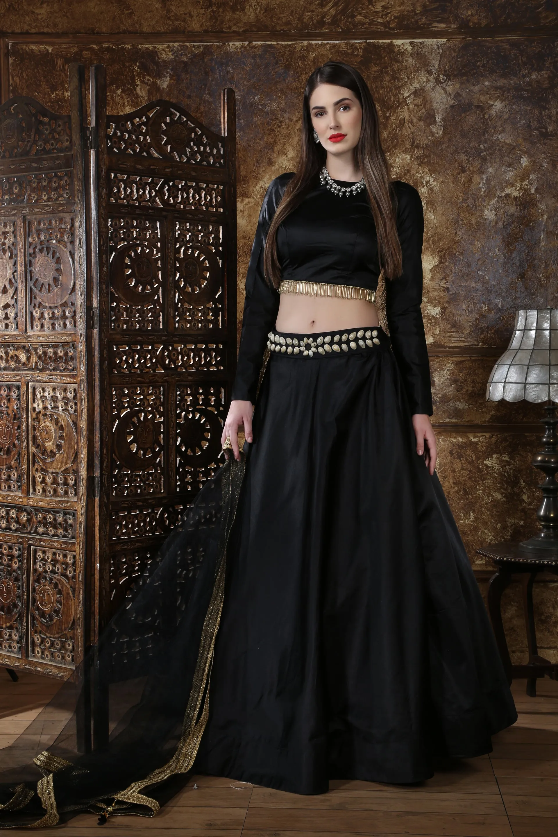 Black Satin Silk Partywear Lehenga Choli With Dupatta