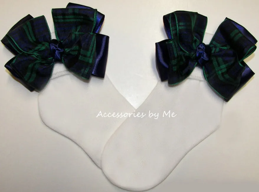 Blackwatch Plaid Navy Blue Green Bow Socks