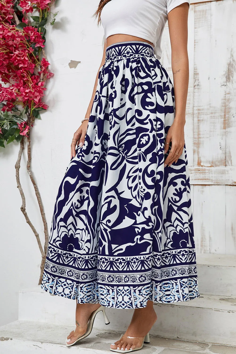 Blue Floral Printed High Waist Maxi Skirt