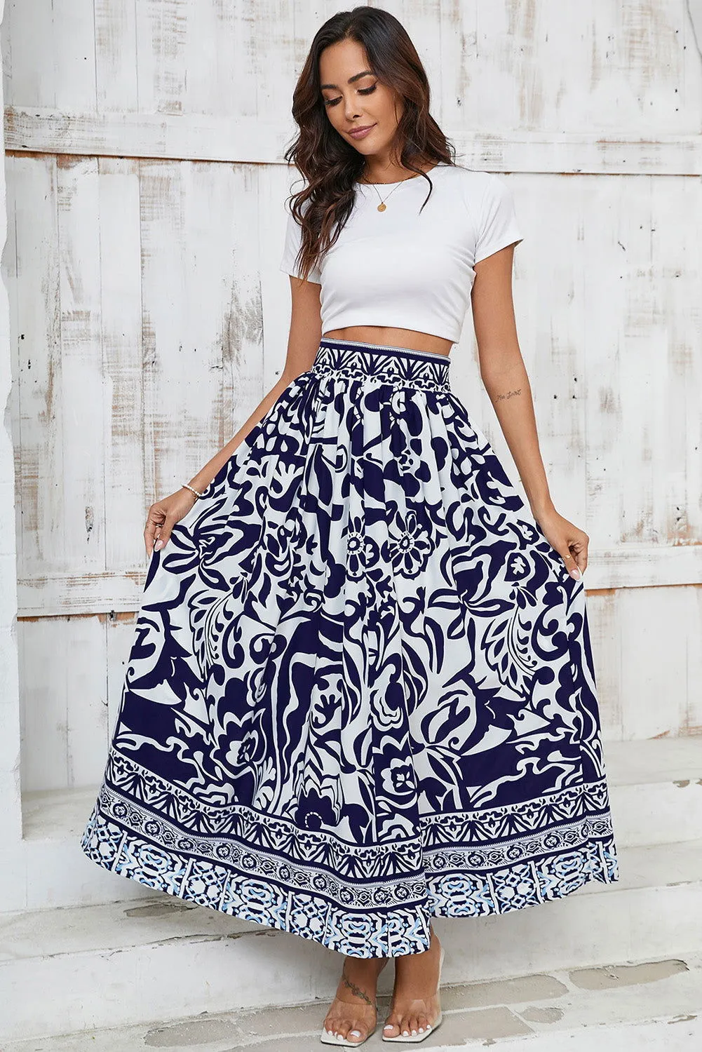 Blue Floral Printed High Waist Maxi Skirt