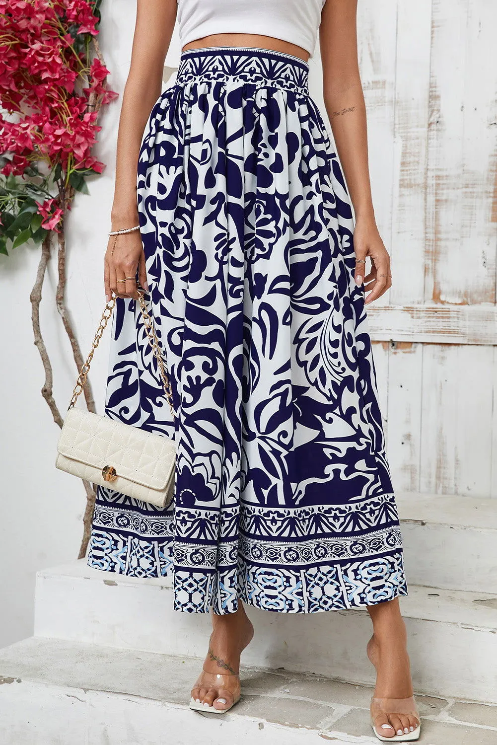 Blue Floral Printed High Waist Maxi Skirt