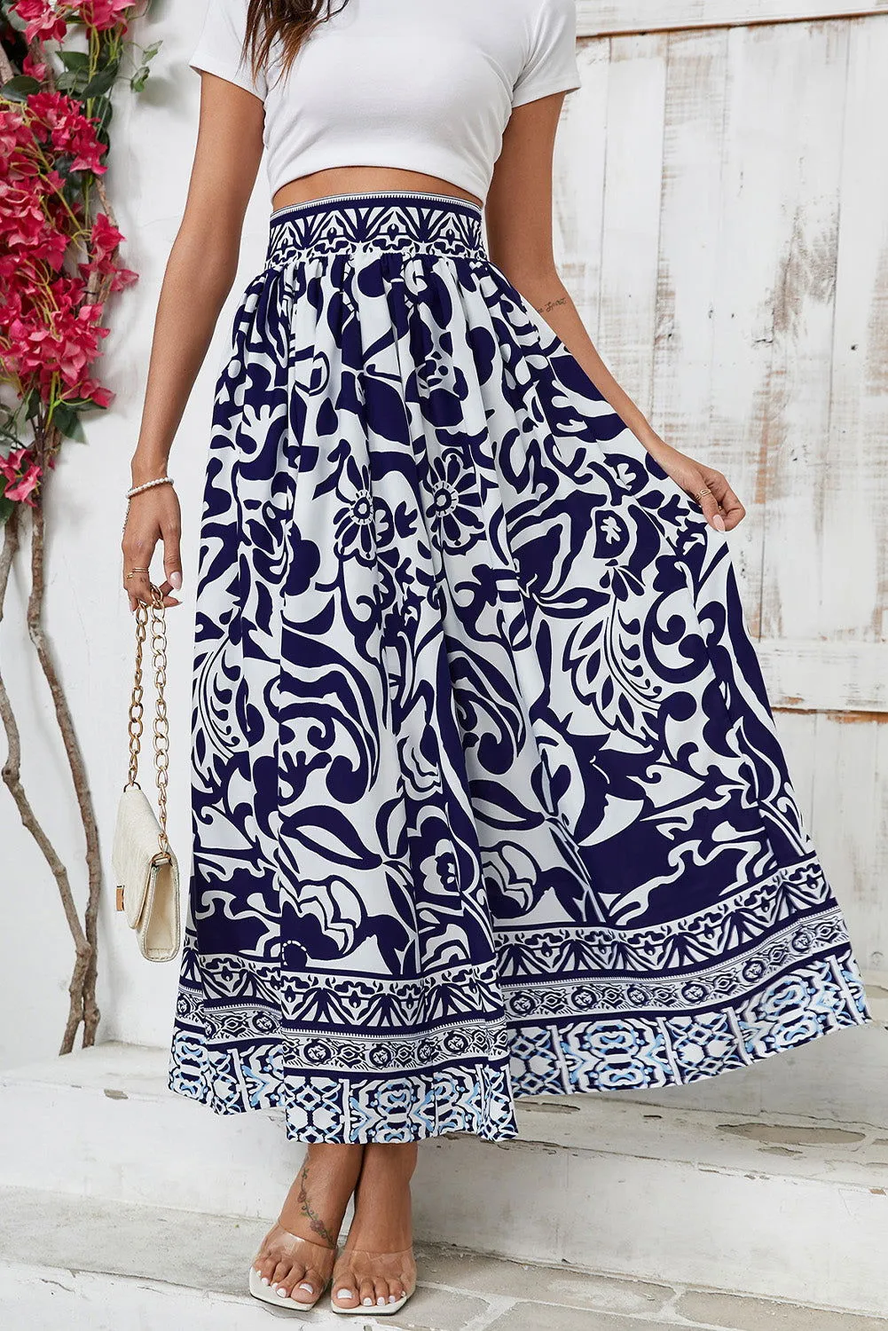 Blue Floral Printed High Waist Maxi Skirt