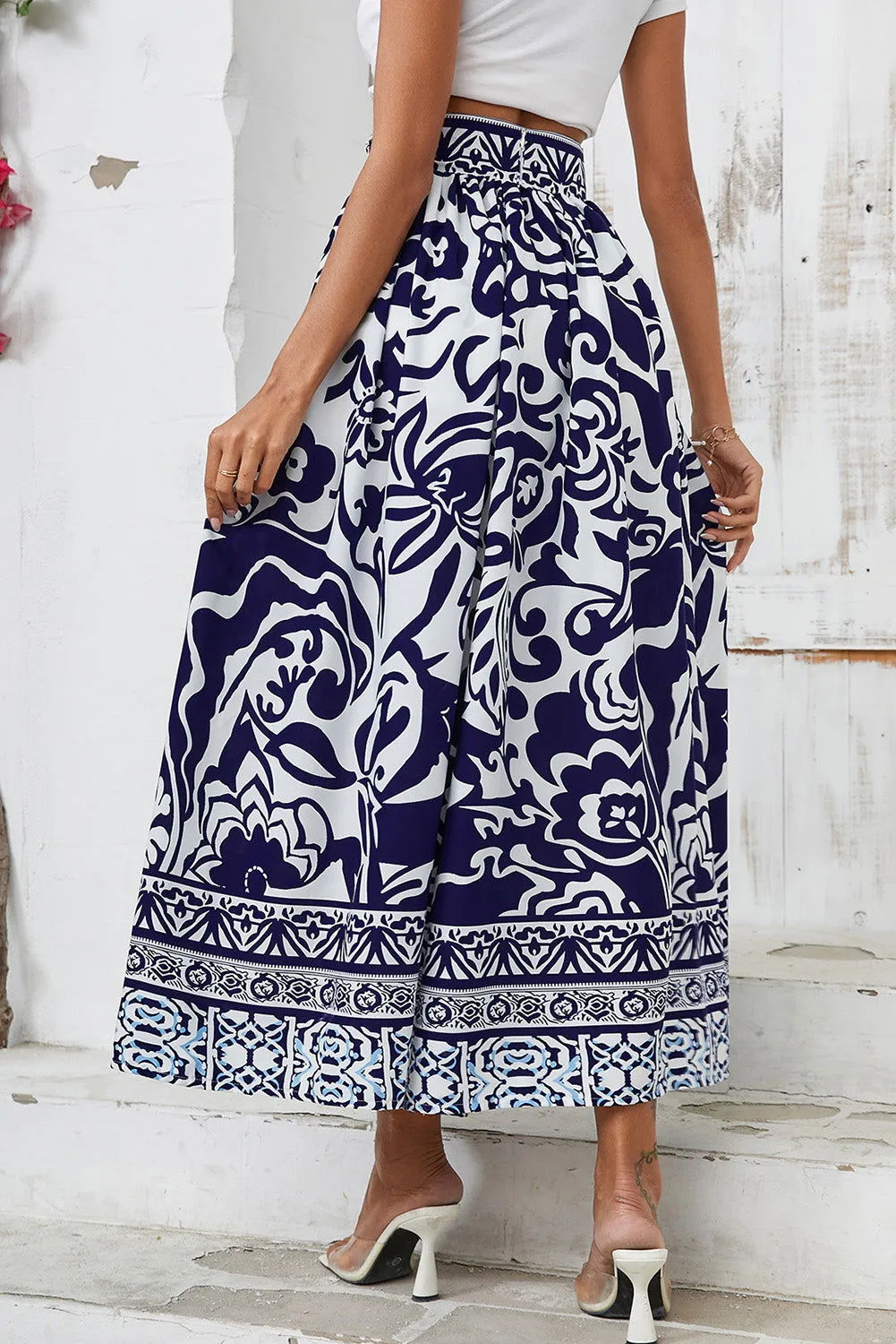 Blue Floral Printed High Waist Maxi Skirt