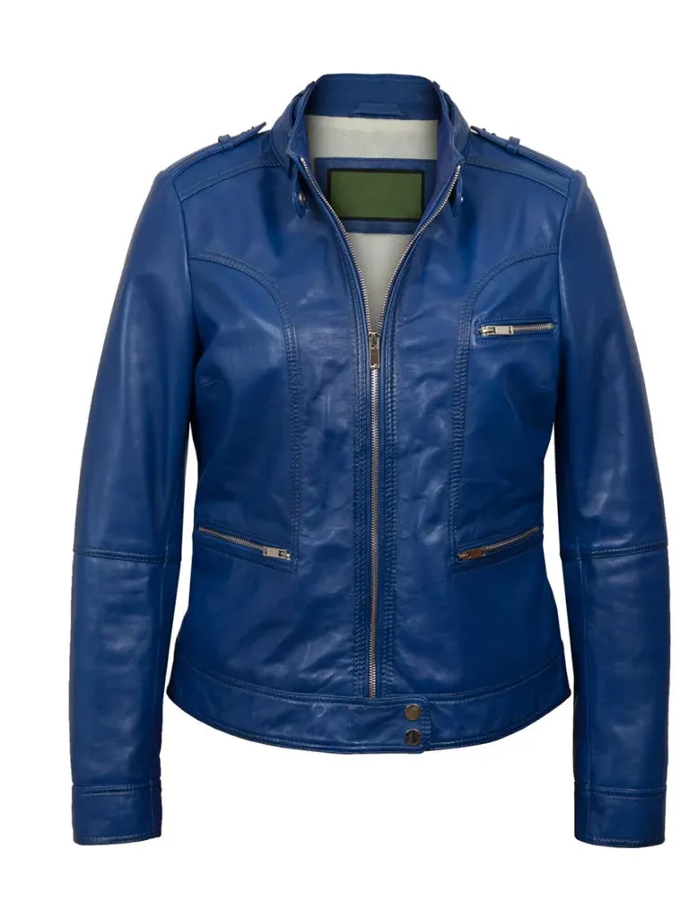 Blue Leather Biker Jacket