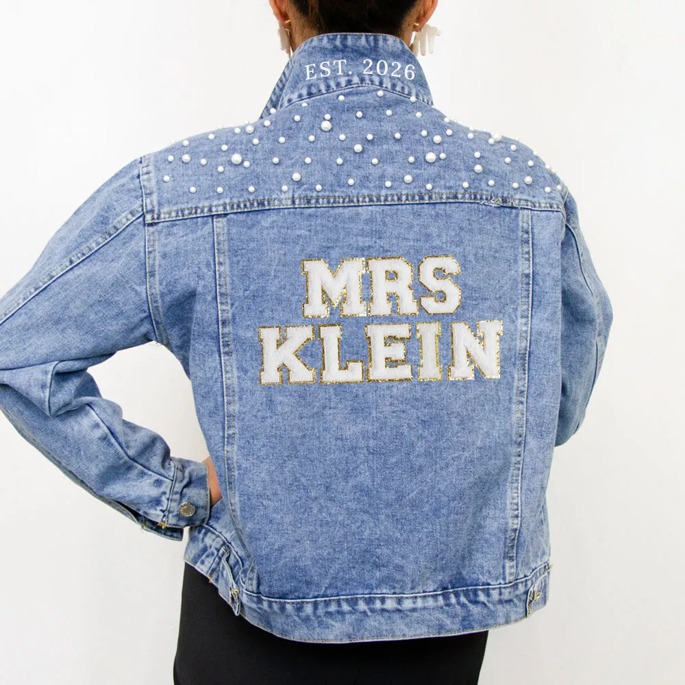 (Blue Pearl) Wedding Party Custom Patch Denim Jacket