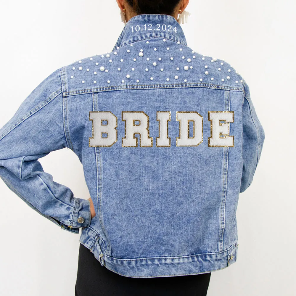 (Blue Pearl) Wedding Party Custom Patch Denim Jacket