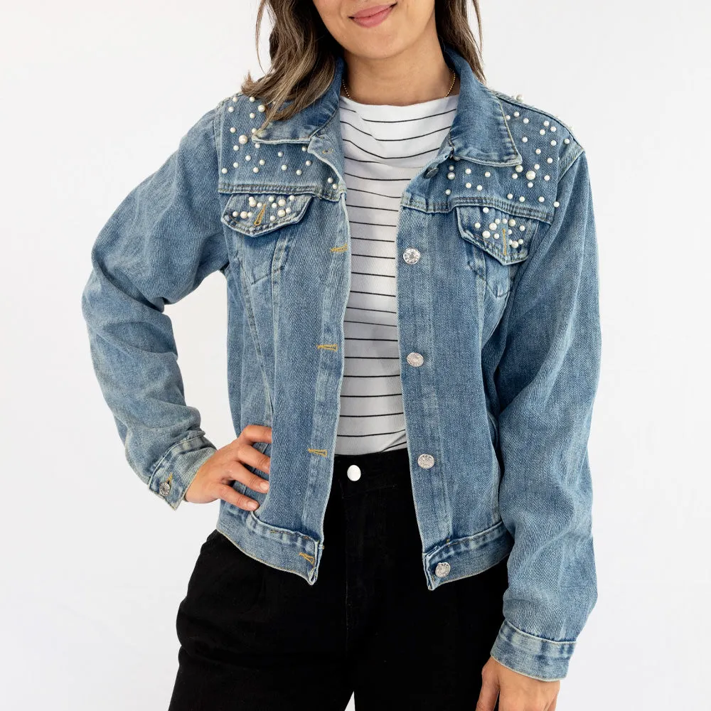 (Blue Pearl) Wedding Party Custom Patch Denim Jacket