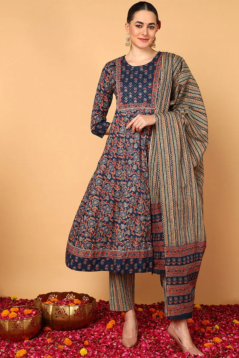 Blue Pure Cotton Floral Printed Flared Style Suit Set