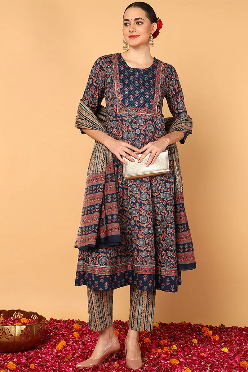 Blue Pure Cotton Floral Printed Flared Style Suit Set