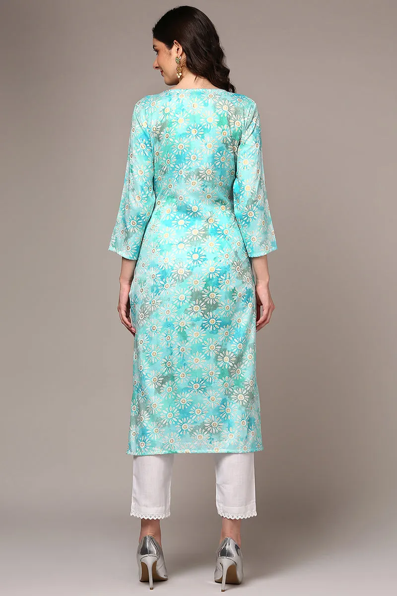 Blue Viscose Rayon Embroidered Kurta