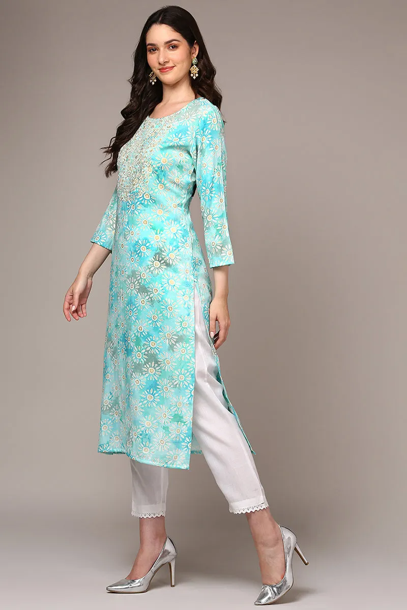 Blue Viscose Rayon Embroidered Kurta